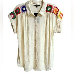 COMO BLACK COLORFUL KNITTED CROCHETED SHORT SLEEVE TOP NEW NWT